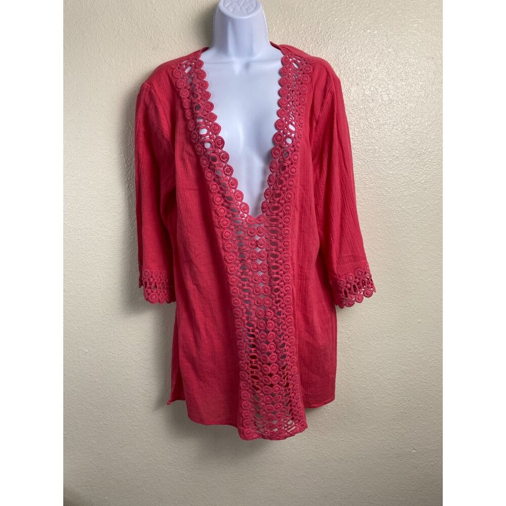 La Blanca Womens Crochet Trim Cover-Up Dress size Medium Boho 3/4 Sleeve beach